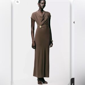 NWT ZARA Brown Draped Maxi Dress with Gold Accent